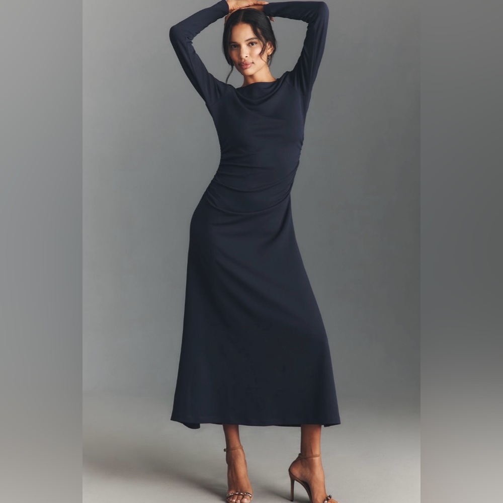 Anthropologie Long-Sleeve Cowl-Back Maxi Dress in Navy - Picture 3 of 4
